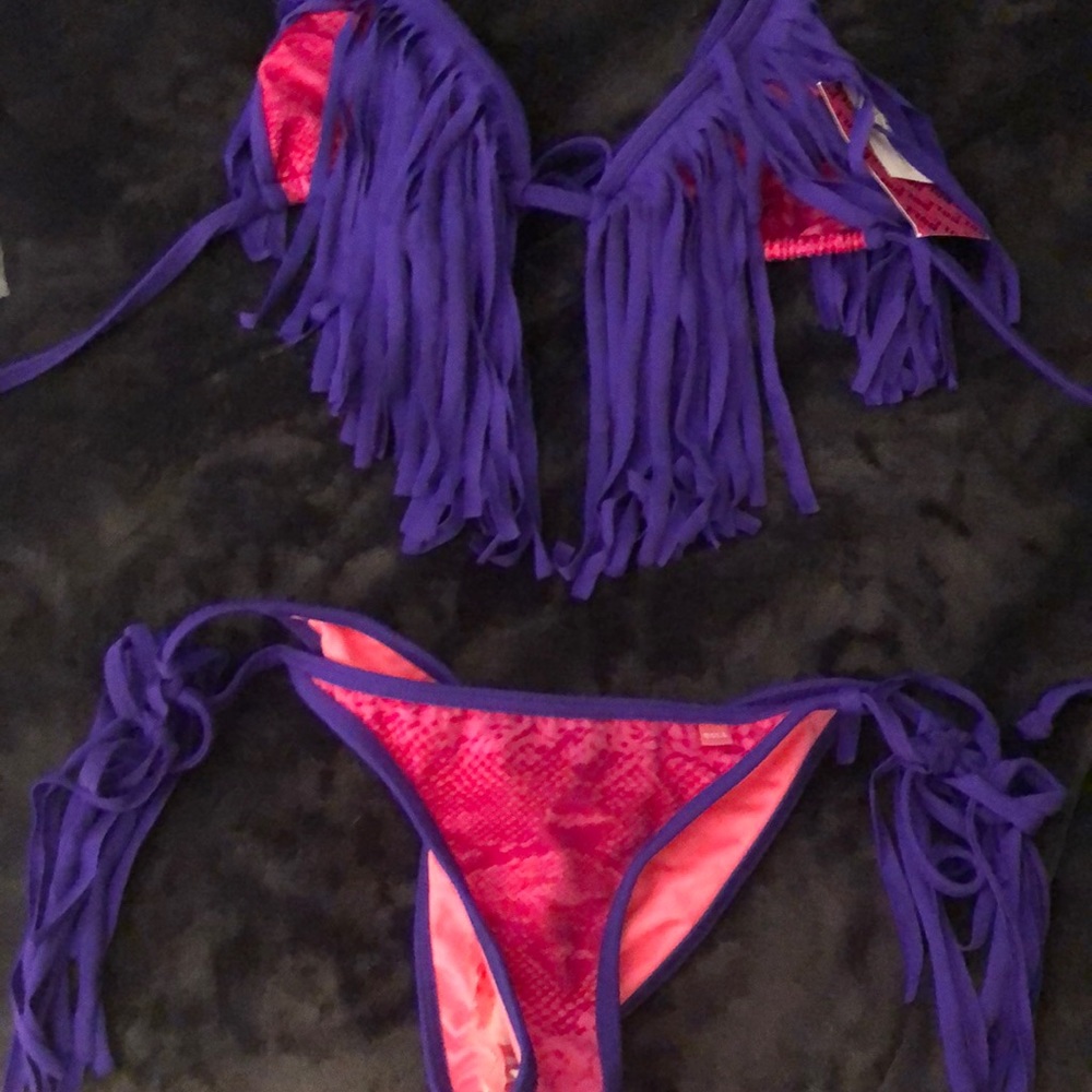 NWT DOLL Swimwear python fringe purple pink bikini